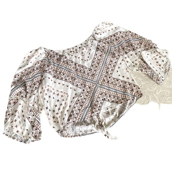 O’neil cropped short sleeve blouse XL White Tan Paisley Bohemian - Picture 5 of 8